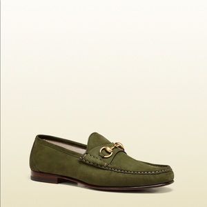 Gucci 1953 Roos Horsebit Olive Green Suede Gold Loafers Mens 11.5 $590